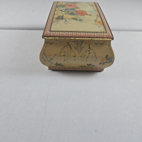Vintage English Floral Tin Box Chinoiserie Garden Scene Hinged Metal Container - Picture 5 of 11
